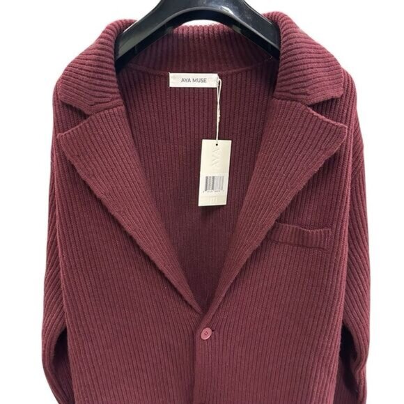 NWT Aya Muse Wool Ribbed Trench Coat Cardigan Longline Sweater Burgundy Large - Picture 2 of 8